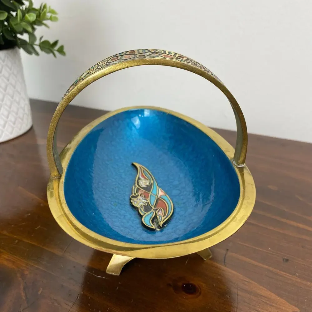 Vintage MCM Judaica Brass Blue Enamel Pedestal Bowl Handmade In Israel Decor